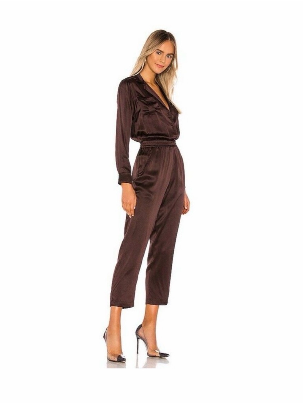 Amanda Uprichard Felix Long-Sleeve Silk Jumpsuit in Cocoa Brown Size Medium